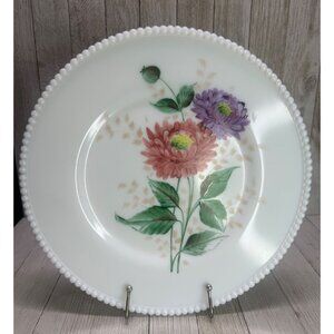 Vtg Westmoreland Milk Glass Painted Flower Decor Plate Beaded Edge 10.5" DIA
